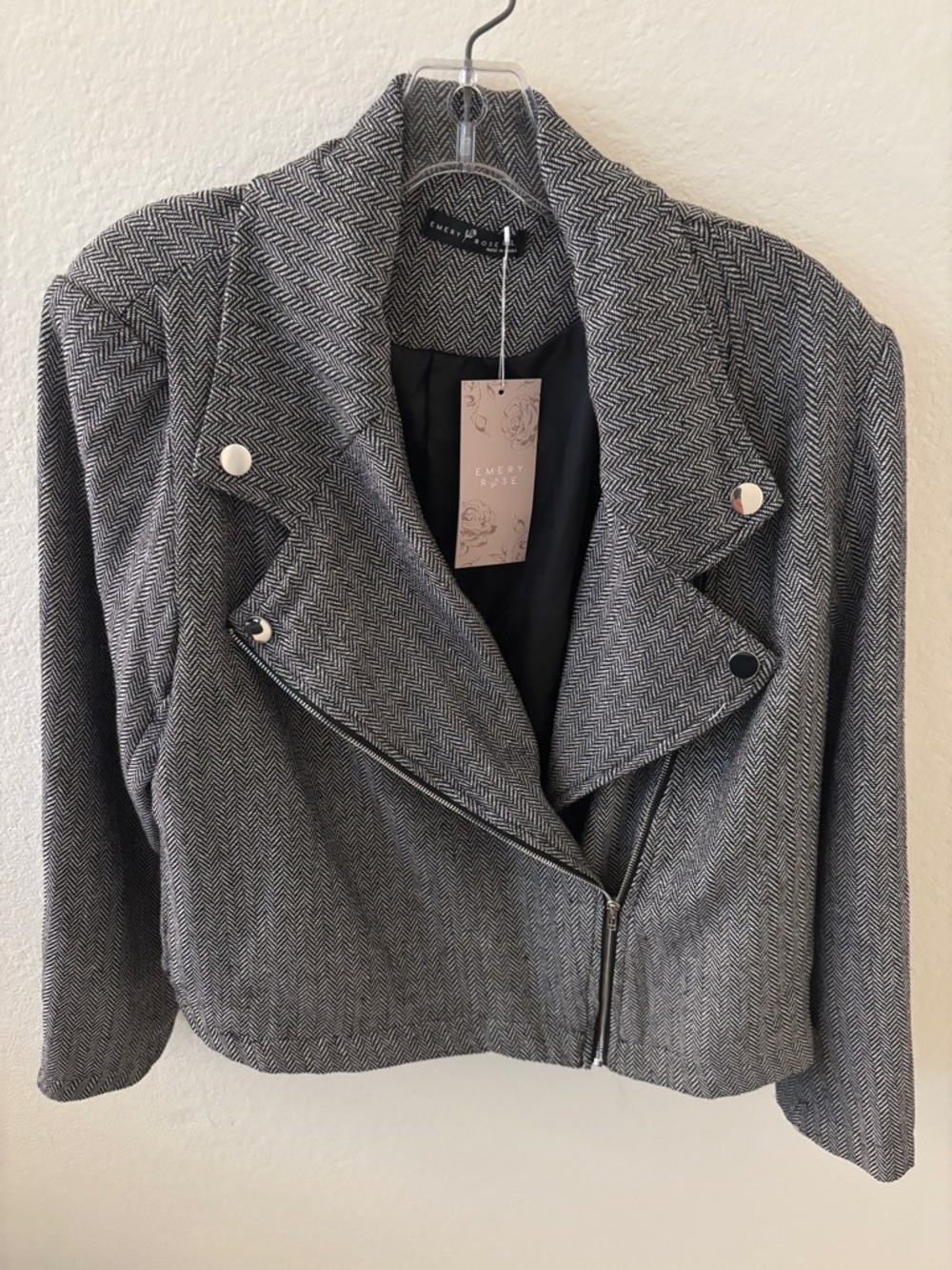 Emery Rose Women’s Gray Herringbone Blazer Moto Jacket